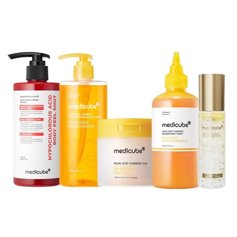 [medicube] Smooth & Clear Body Care Set | Hypochlorous Acid Body Peel Shot, Kojic Acid Turmeric Body Wash, Toner Pad, Toner, Mist | Exfoliating for Dead Skin Cells & Excess Sebum & Clearing for After Spots, Texture & Uneven Skin Tone | Korean Beauty