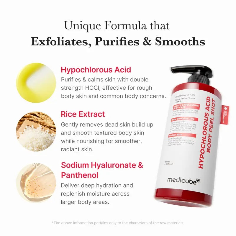 [medicube] Smooth & Clear Body Care Set | Hypochlorous Acid Body Peel Shot, Kojic Acid Turmeric Body Wash, Toner Pad, Toner, Mist | Exfoliating for Dead Skin Cells & Excess Sebum & Clearing for After Spots, Texture & Uneven Skin Tone | Korean Beauty