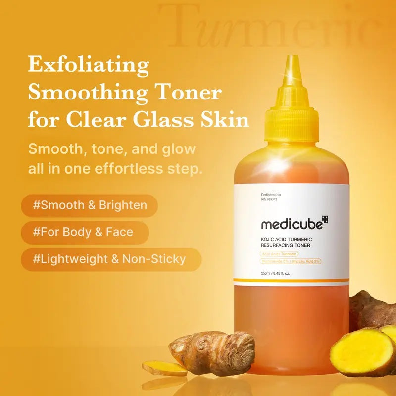 [medicube] Smooth & Clear Body Care Set | Hypochlorous Acid Body Peel Shot, Kojic Acid Turmeric Body Wash, Toner Pad, Toner, Mist | Exfoliating for Dead Skin Cells & Excess Sebum & Clearing for After Spots, Texture & Uneven Skin Tone | Korean Beauty