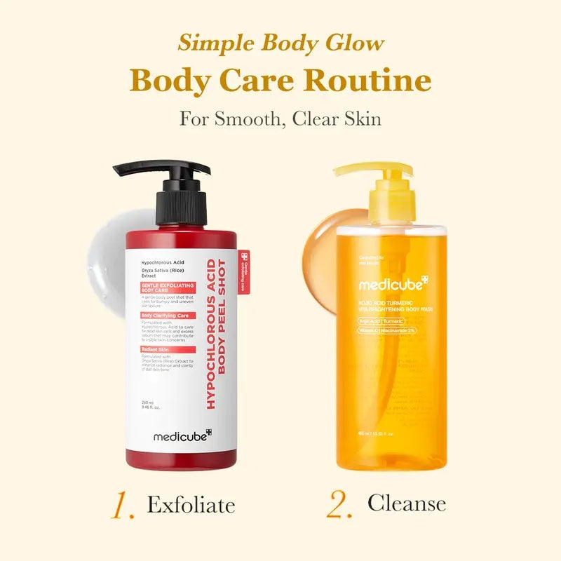[medicube] Smooth & Clear Body Care Set | Hypochlorous Acid Body Peel Shot, Kojic Acid Turmeric Body Wash, Toner Pad, Toner, Mist | Exfoliating for Dead Skin Cells & Excess Sebum & Clearing for After Spots, Texture & Uneven Skin Tone | Korean Beauty
